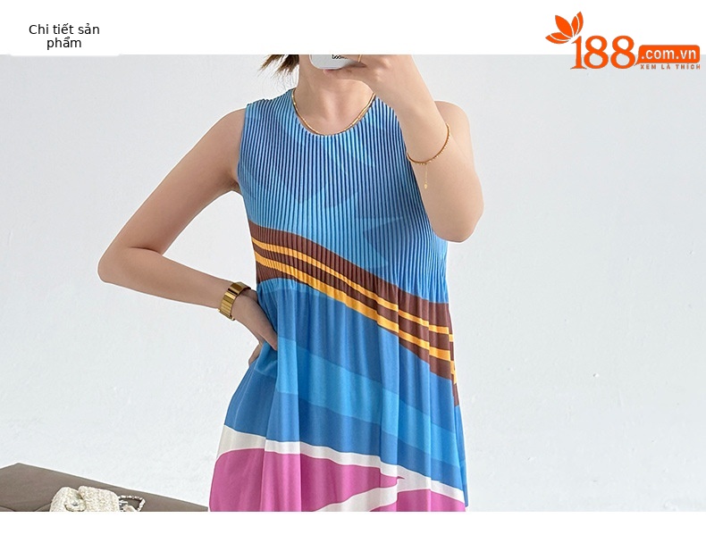 Váy liền không tay in hoa xếp nếp dáng suông mùa hè — Màu xanh ngọc chi tiết 3