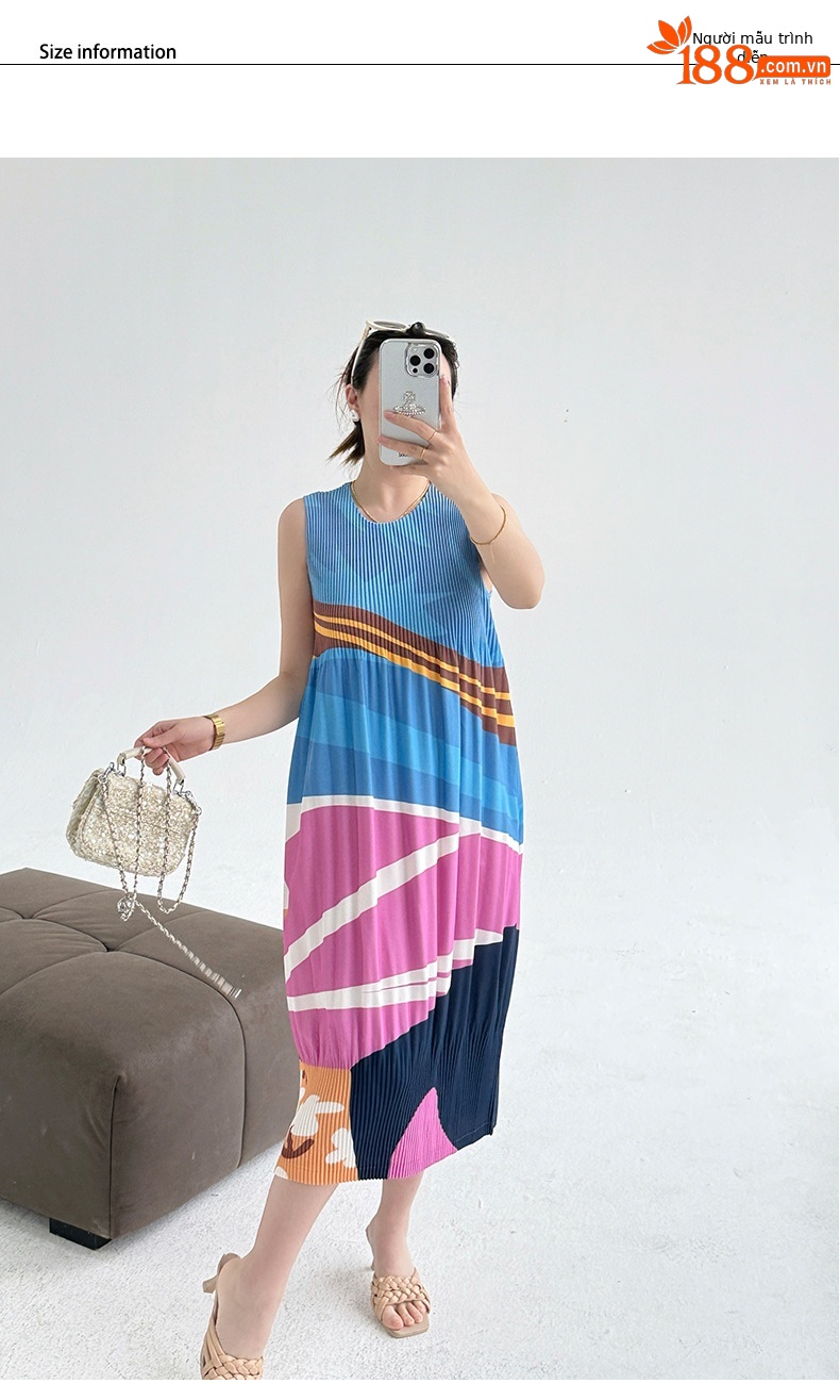 Váy liền không tay in hoa xếp nếp dáng suông mùa hè — Màu xanh ngọc chi tiết 6