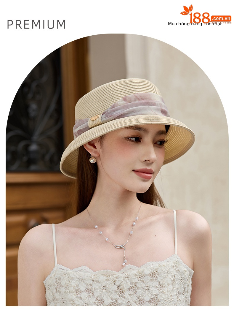 Mũ rơm nữ vành rộng kiểu Pháp mái vòm đi biển che nắng thoáng khí — Màu be chi tiết 1