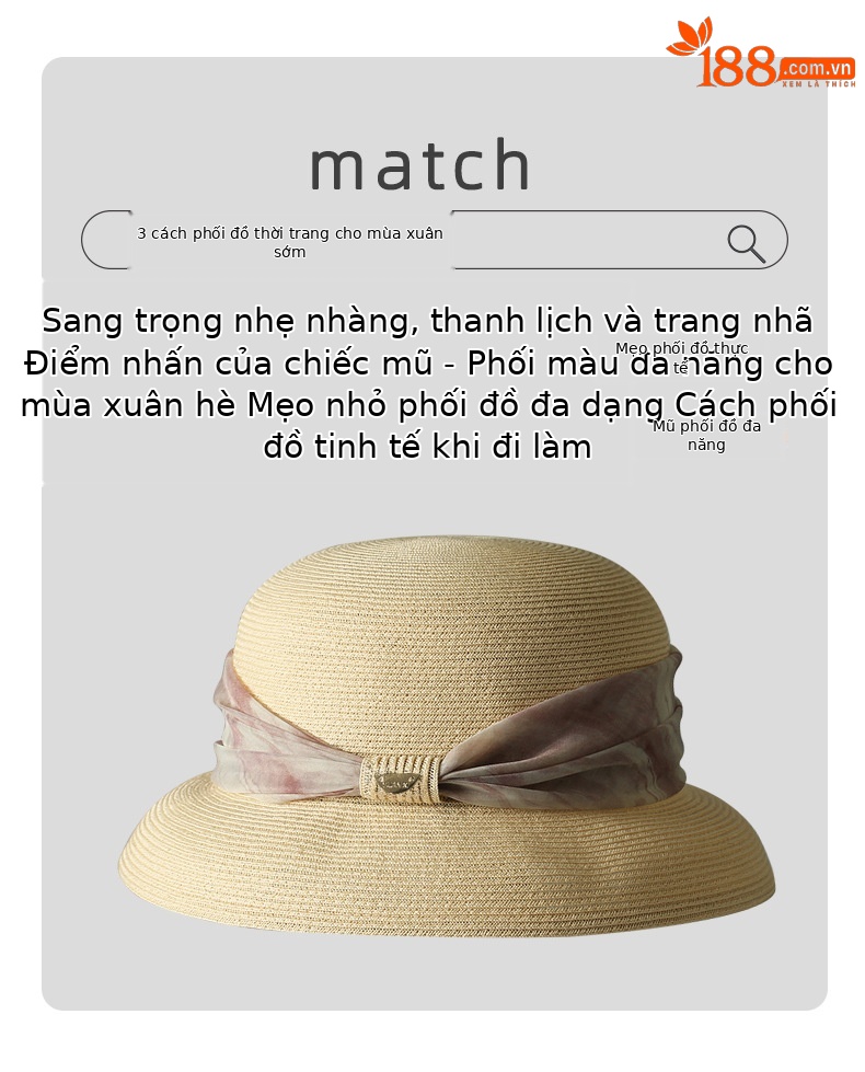 Mũ rơm nữ vành rộng kiểu Pháp mái vòm đi biển che nắng thoáng khí — Màu be chi tiết 2