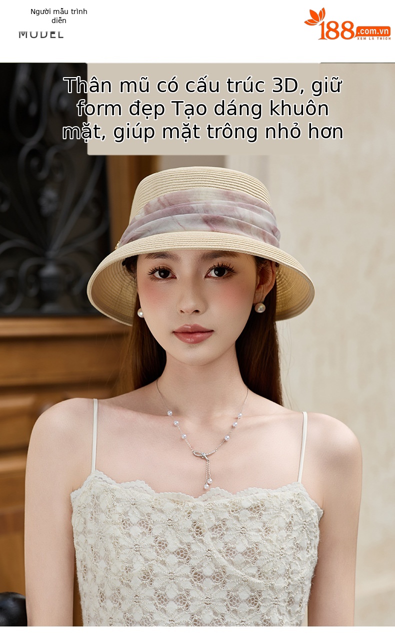 Mũ rơm nữ vành rộng kiểu Pháp mái vòm đi biển che nắng thoáng khí — Màu be chi tiết 6
