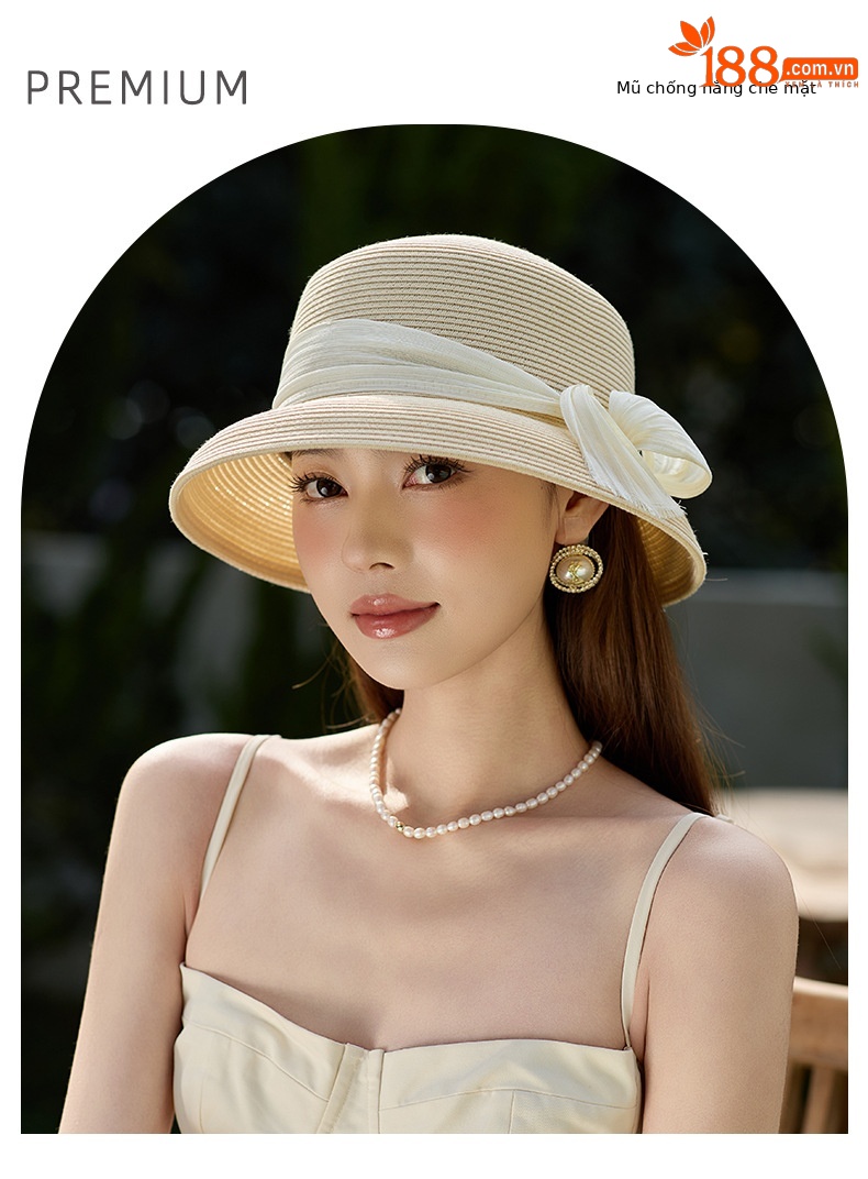 Mũ cói vành rộng nữ kiểu Pháp Hepburn chống nắng — Màu be chi tiết 1