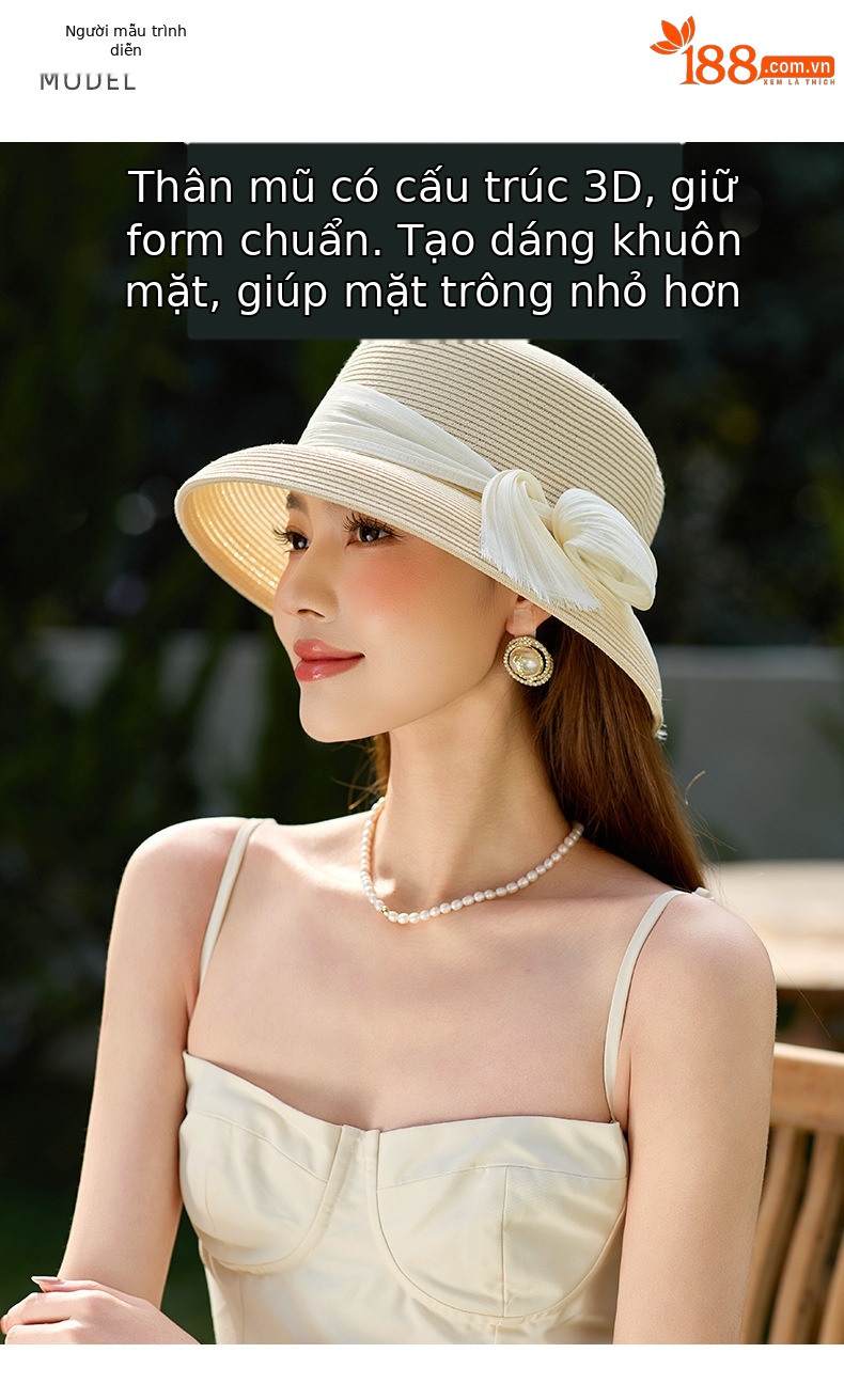 Mũ cói vành rộng nữ kiểu Pháp Hepburn chống nắng — Màu be chi tiết 6