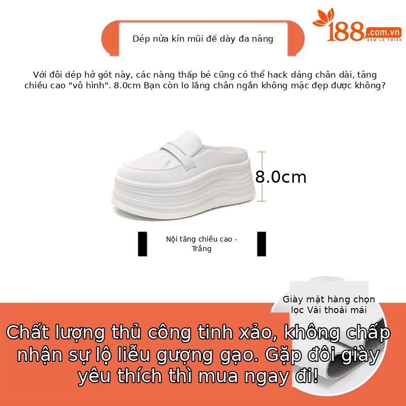Giày slip-on nữ đế dày tăng chiều cao, mũi tròn bít, dáng lười xỏ ngón, màu trắng dễ phối — Màu trắng