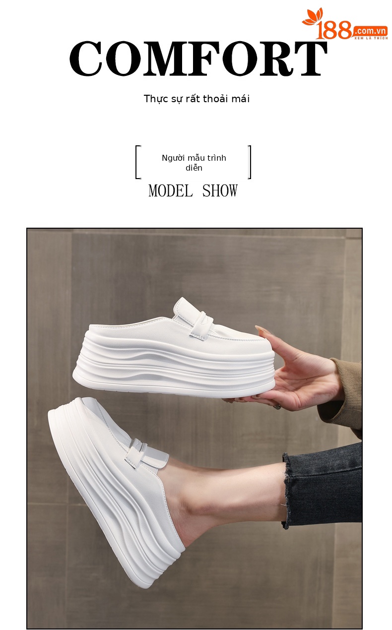 Giày slip-on nữ đế dày tăng chiều cao, mũi tròn bít, dáng lười xỏ ngón, màu trắng dễ phối — Màu trắng chi tiết 9