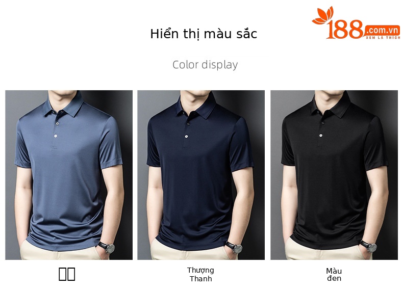 Áo polo nam tay ngắn lụa tơ tằm cao cấp — Màu xanh 25089 chi tiết 5