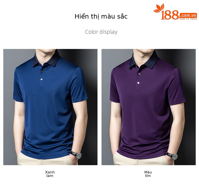 Áo polo nam tay ngắn lụa dâu tằm mỏng nhẹ, không đường may, form tay lỡ thoải mái — Màu xanh lam 25087 chi tiết 5