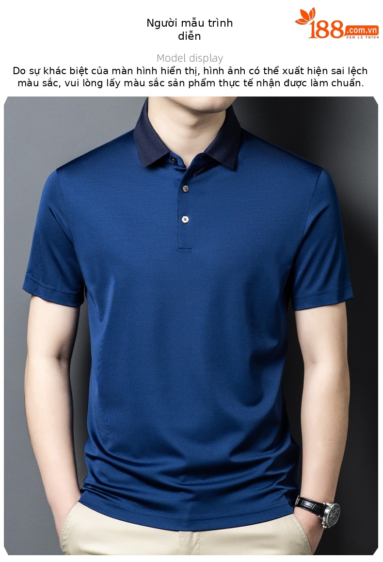 Áo polo nam tay ngắn lụa dâu tằm mỏng nhẹ, không đường may, form tay lỡ thoải mái — Màu xanh lam 25087 chi tiết 7