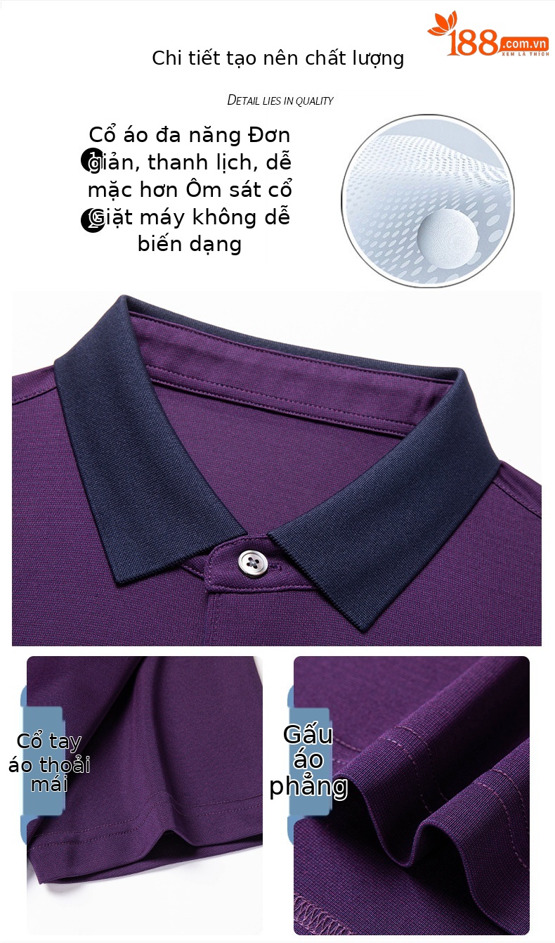 Áo polo nam tay ngắn lụa dâu tằm mỏng nhẹ, không đường may, form tay lỡ thoải mái — Màu xanh lam 25087 chi tiết 4