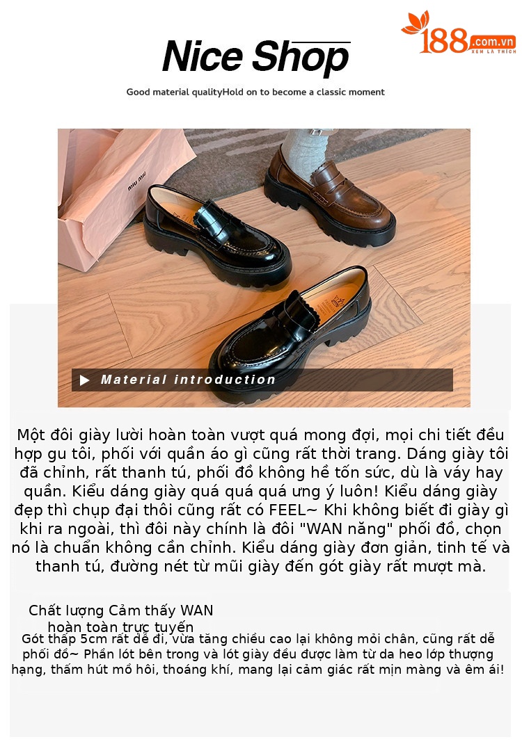 Giày lười nữ mũi tròn miệng sâu đế xuồng da thật gót vừa phải — Màu nâu, Màu đen chi tiết 3