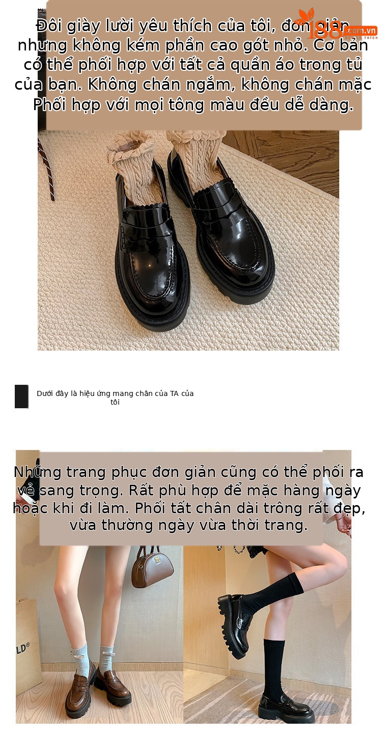 Giày lười nữ mũi tròn miệng sâu đế xuồng da thật gót vừa phải — Màu nâu, Màu đen chi tiết 5