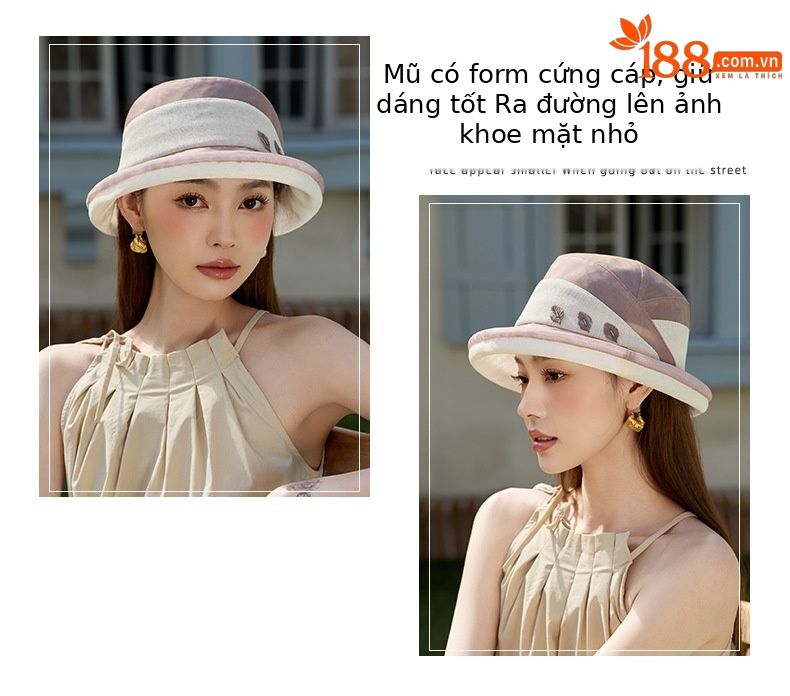 Mũ chống nắng lụa tơ tằm nữ vành rộng đi biển du lịch mùa xuân hè — Màu be chi tiết 2