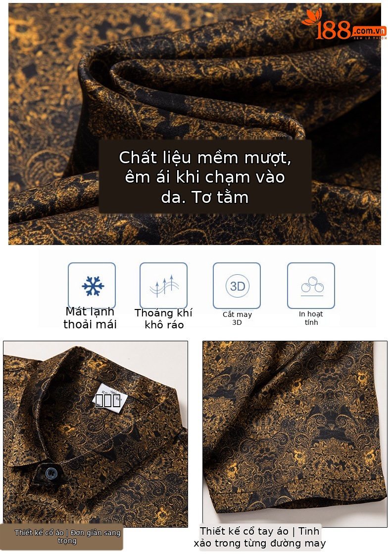 Áo sơ mi nam ngắn tay lụa satin họa tiết hoa, dáng rộng tay lỡ mùa hè — Màu vàng 8336 chi tiết 2