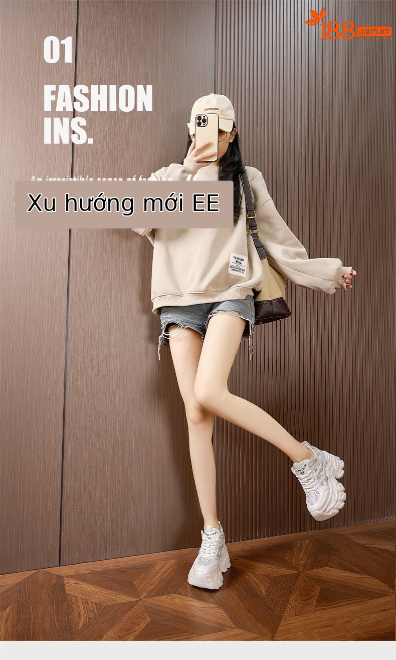 Giày sneaker nữ đế dày chunky phong cách thể thao, tăng chiều cao, đế cao 8 cm — Trắng, Bạc chi tiết 2
