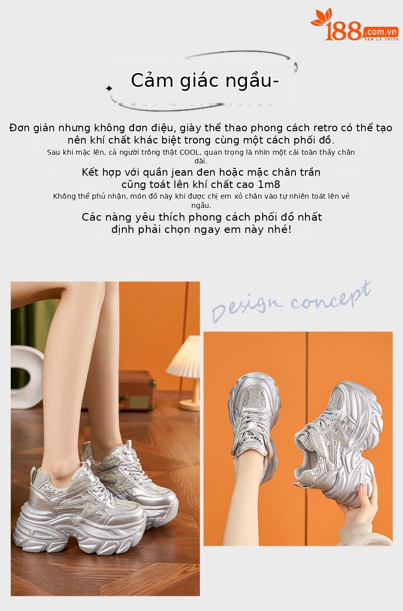 Giày sneaker nữ đế dày chunky phong cách thể thao, tăng chiều cao, đế cao 8 cm — Trắng, Bạc chi tiết 4