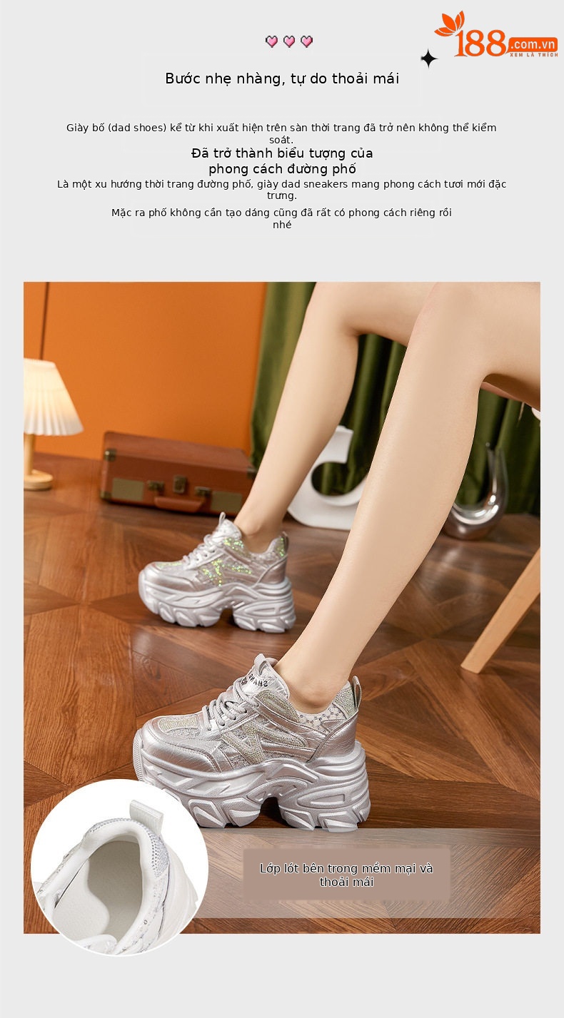 Giày sneaker nữ đế dày chunky phong cách thể thao, tăng chiều cao, đế cao 8 cm — Trắng, Bạc chi tiết 5