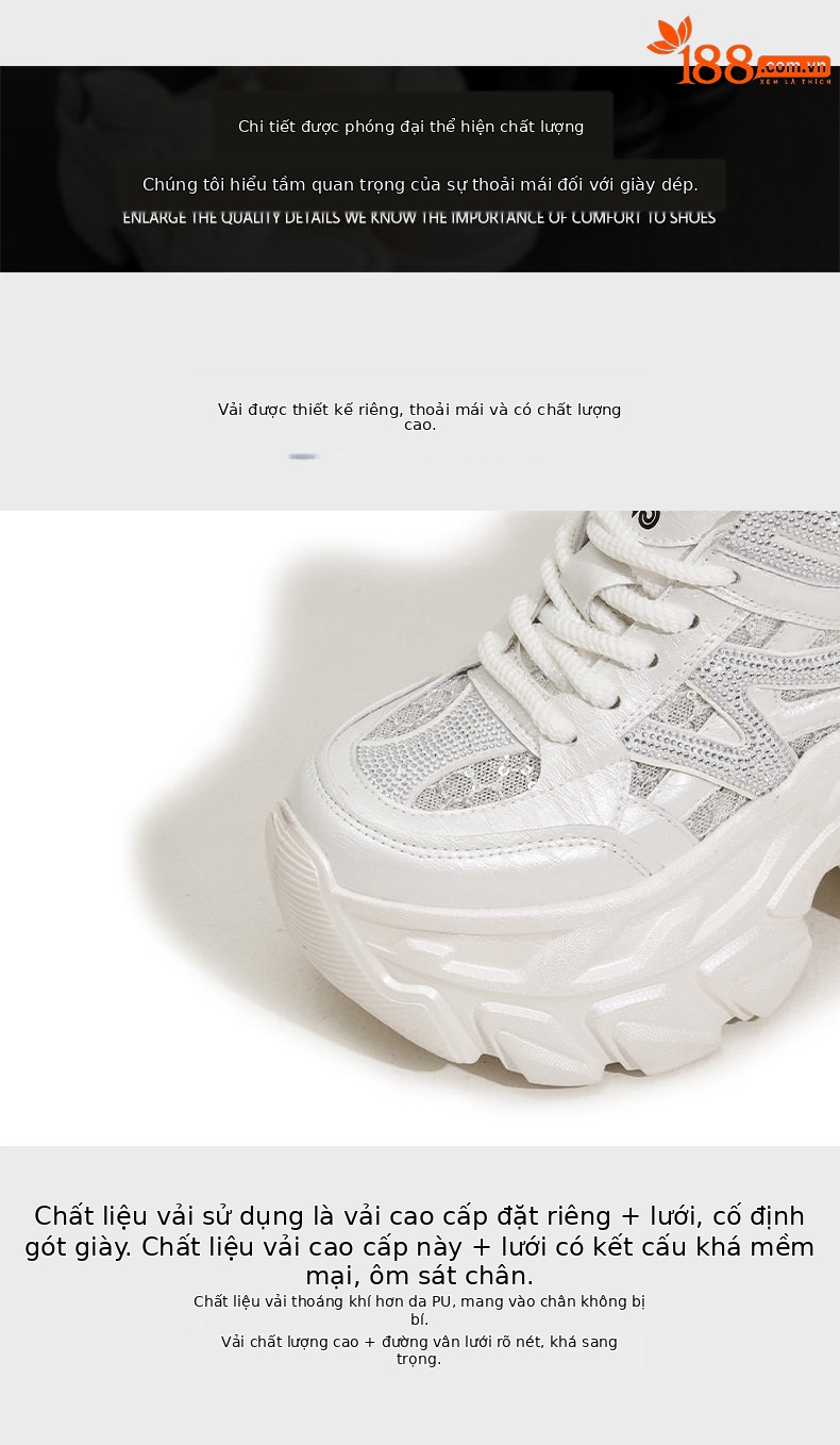 Giày sneaker nữ đế dày chunky phong cách thể thao, tăng chiều cao, đế cao 8 cm — Trắng, Bạc chi tiết 6