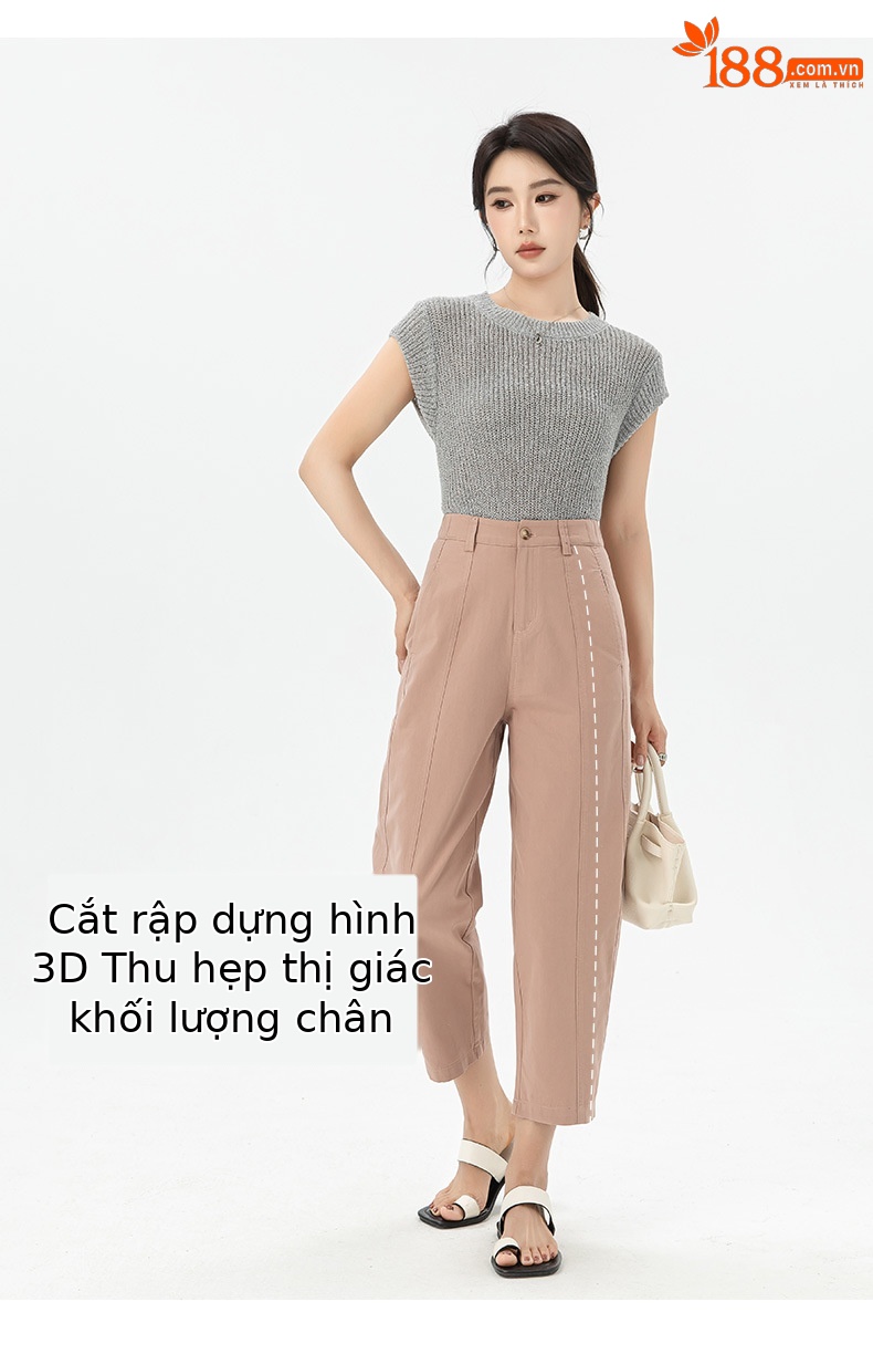 Quần harem nữ ống rộng cạp cao co giãn dáng 9 phân — Màu hồng củ sen chi tiết 13