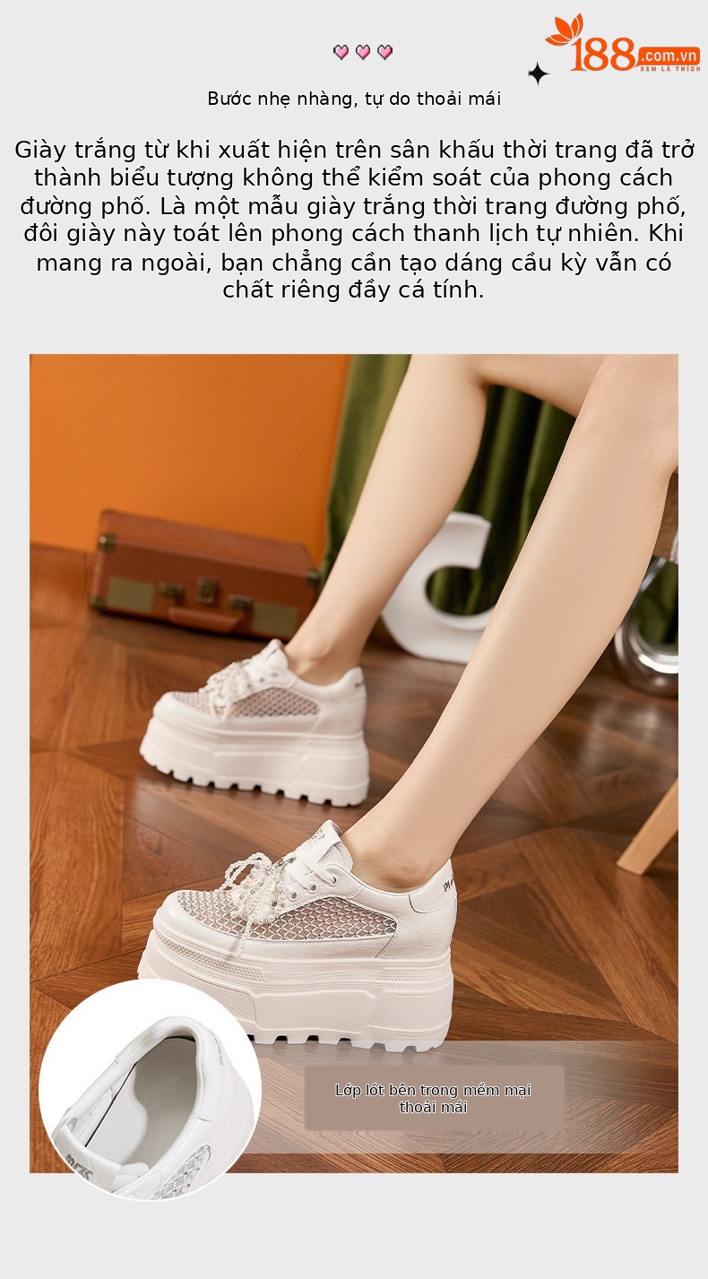 Giày sneaker nữ chunky đế dày rhinestone trắng 2025 — Bạc, Trắng chi tiết 5