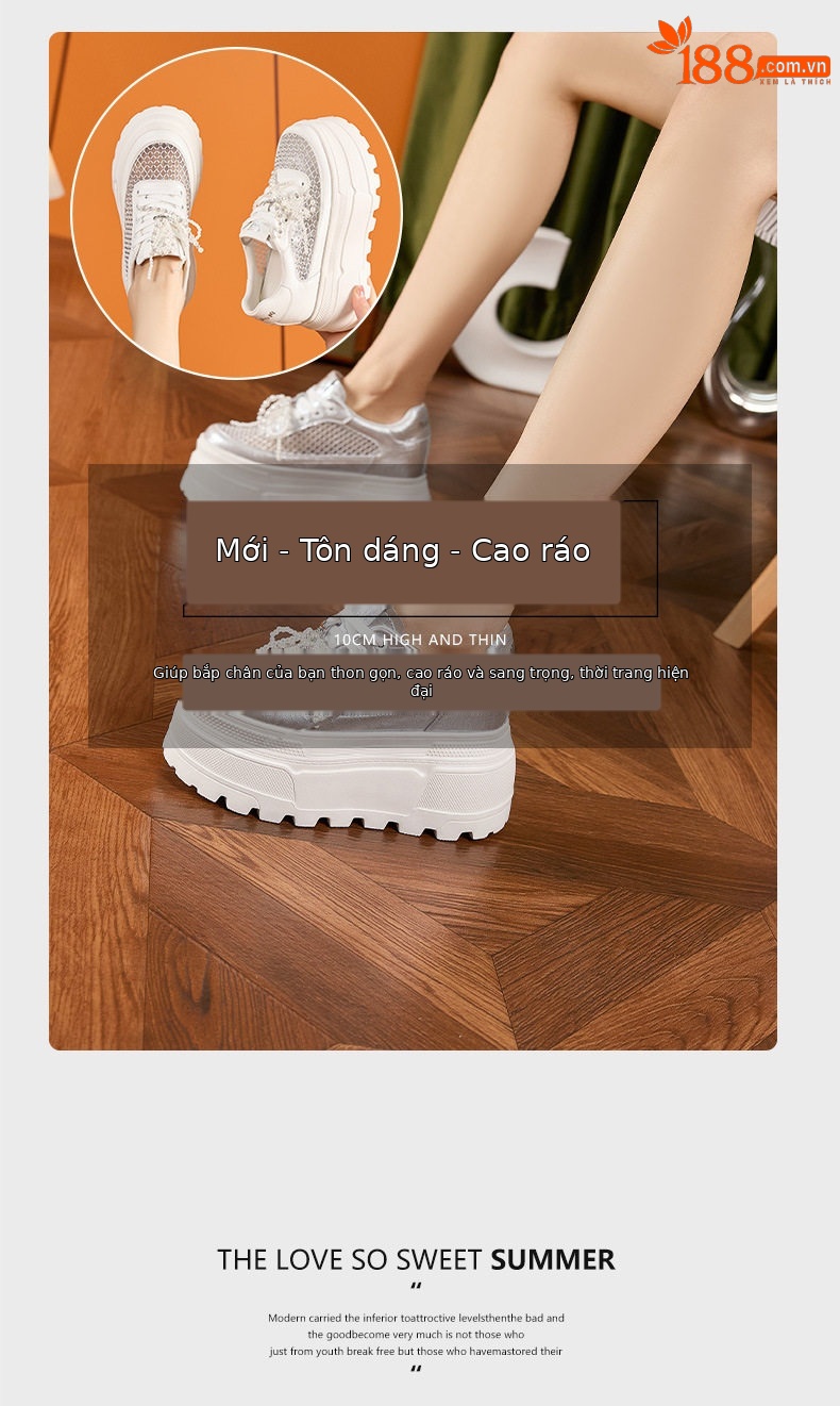 Giày sneaker nữ chunky đế dày rhinestone trắng 2025 — Bạc, Trắng chi tiết 9