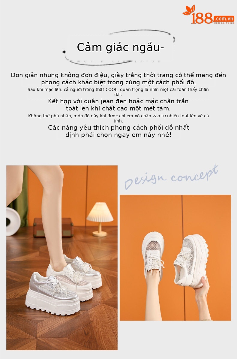 Giày sneaker nữ chunky đế dày rhinestone trắng 2025 — Bạc, Trắng chi tiết 4