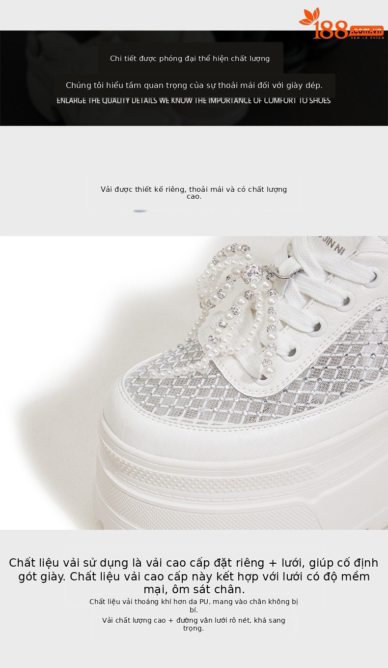 Giày sneaker nữ chunky đế dày rhinestone trắng 2025 — Bạc, Trắng chi tiết 6