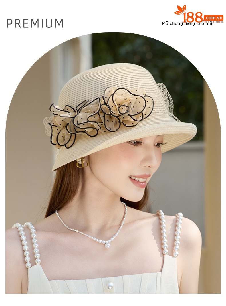 Mũ rơm bện đi biển nữ vành rộng có hoa vải lưới cuộn tròn — Màu be chi tiết 1