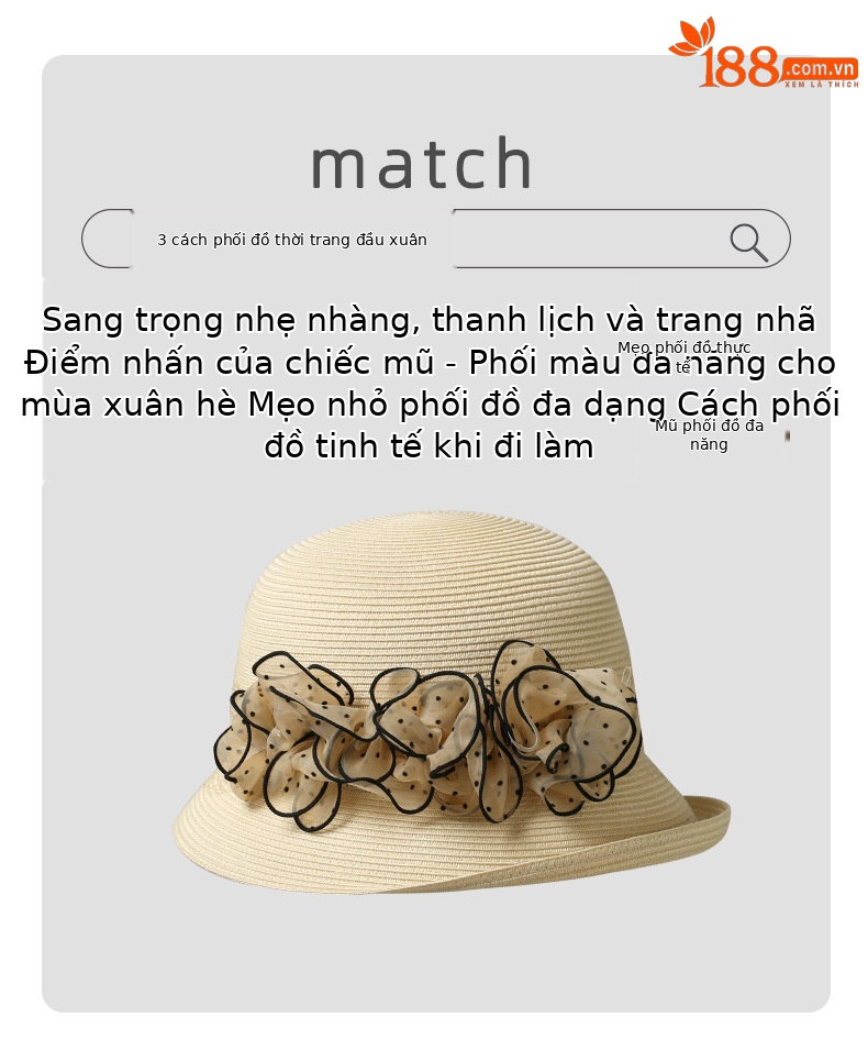 Mũ rơm bện đi biển nữ vành rộng có hoa vải lưới cuộn tròn — Màu be chi tiết 2