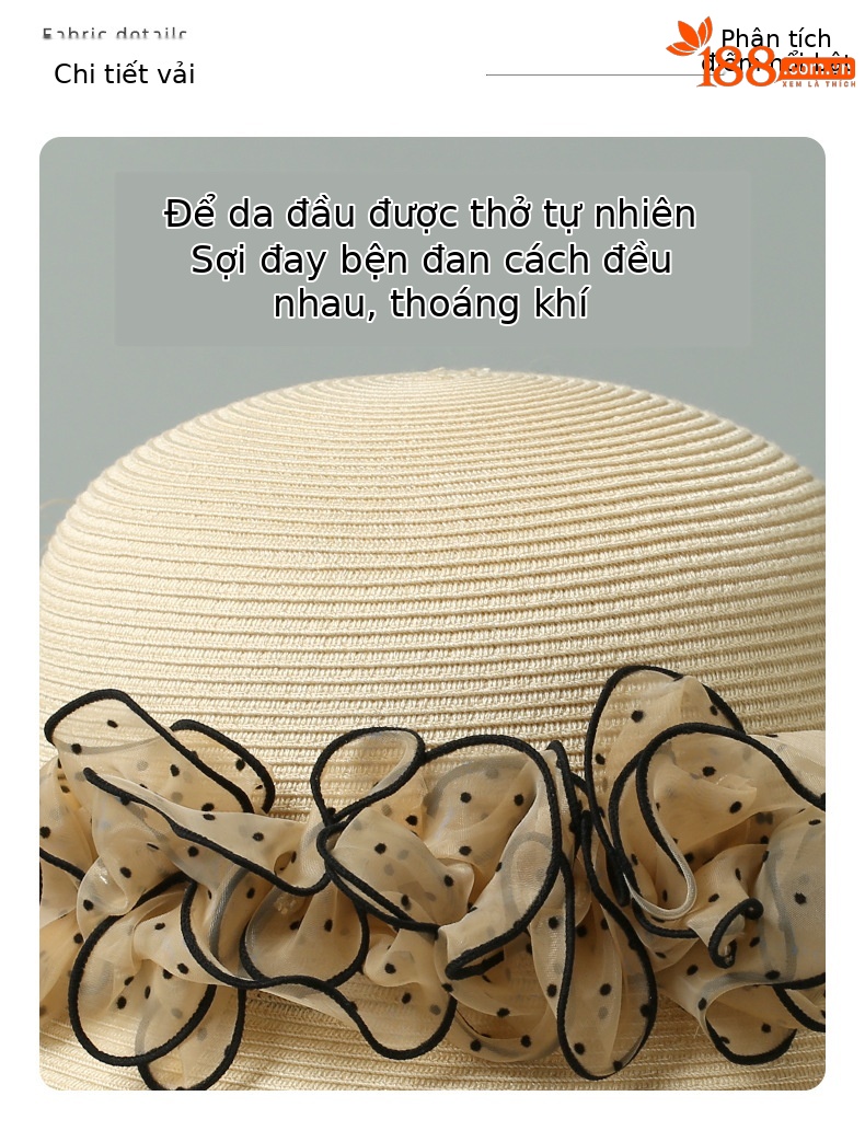 Mũ rơm bện đi biển nữ vành rộng có hoa vải lưới cuộn tròn — Màu be chi tiết 3