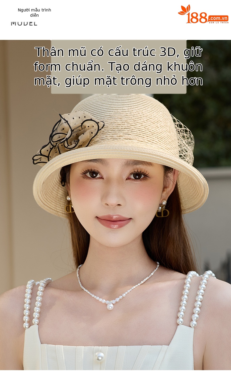 Mũ rơm bện đi biển nữ vành rộng có hoa vải lưới cuộn tròn — Màu be chi tiết 5