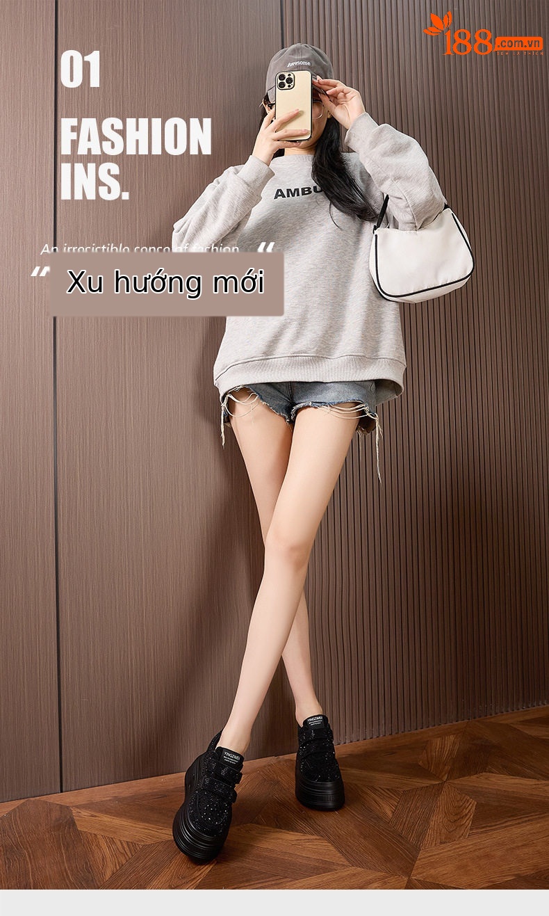 Giày sneaker nữ chunky đế dày trắng phong cách thể thao — Trắng, Đen chi tiết 2