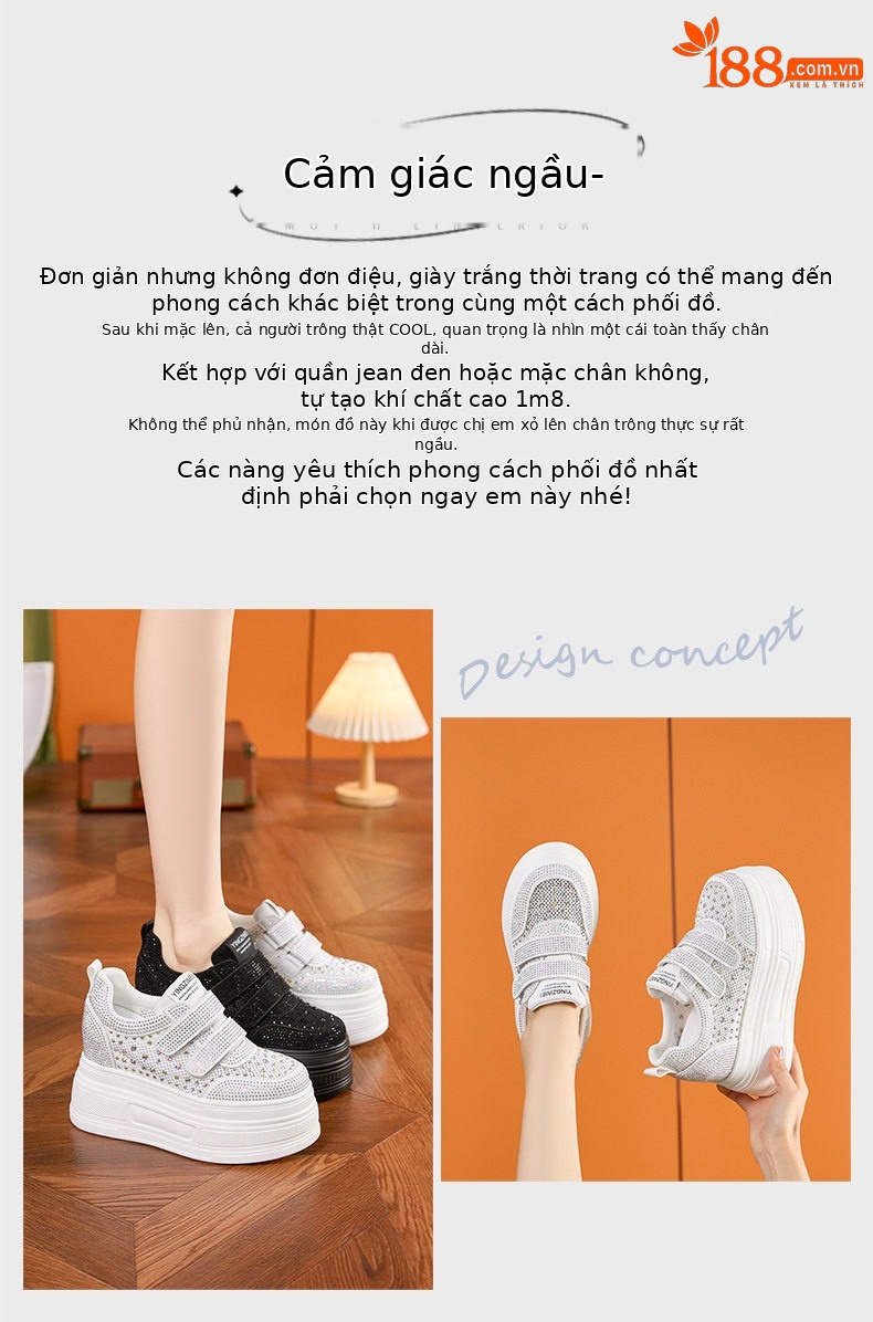 Giày sneaker nữ chunky đế dày trắng phong cách thể thao — Trắng, Đen chi tiết 4