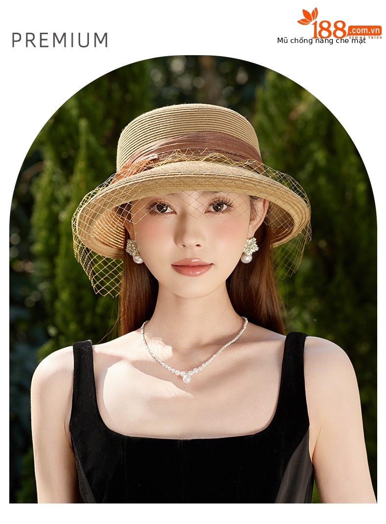 Mũ rộng vành nữ chất liệu lụa pha lanh, có lưới che mặt tháo rời, nơ đính ngọc trai, chống nắng — Màu be chi tiết 1