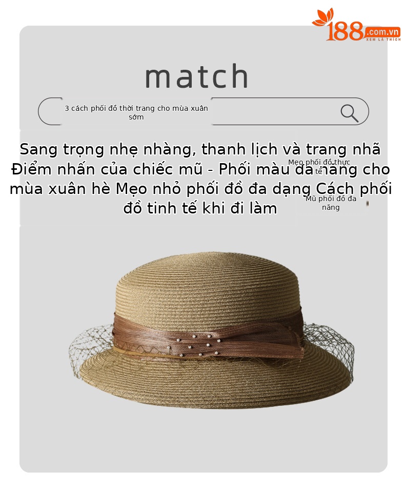 Mũ rộng vành nữ chất liệu lụa pha lanh, có lưới che mặt tháo rời, nơ đính ngọc trai, chống nắng — Màu be chi tiết 2