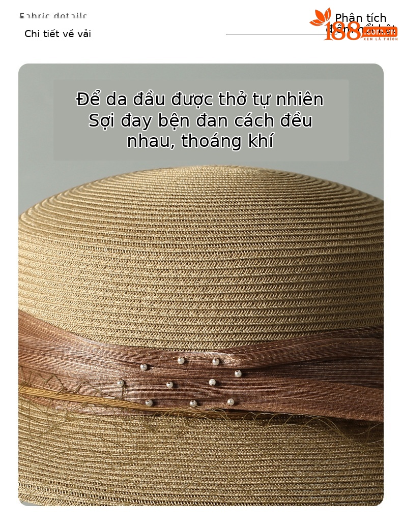 Mũ rộng vành nữ chất liệu lụa pha lanh, có lưới che mặt tháo rời, nơ đính ngọc trai, chống nắng — Màu be chi tiết 3