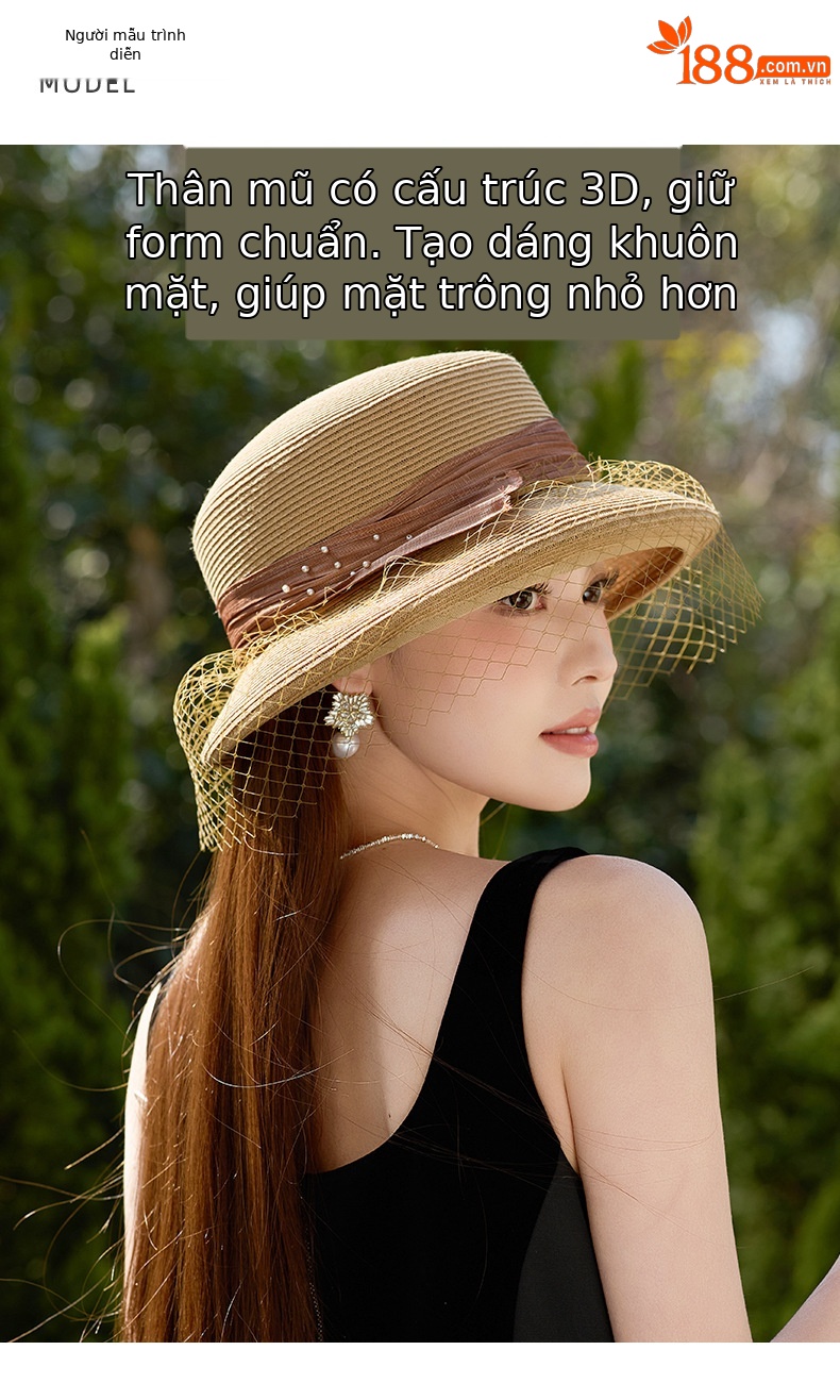 Mũ rộng vành nữ chất liệu lụa pha lanh, có lưới che mặt tháo rời, nơ đính ngọc trai, chống nắng — Màu be chi tiết 6