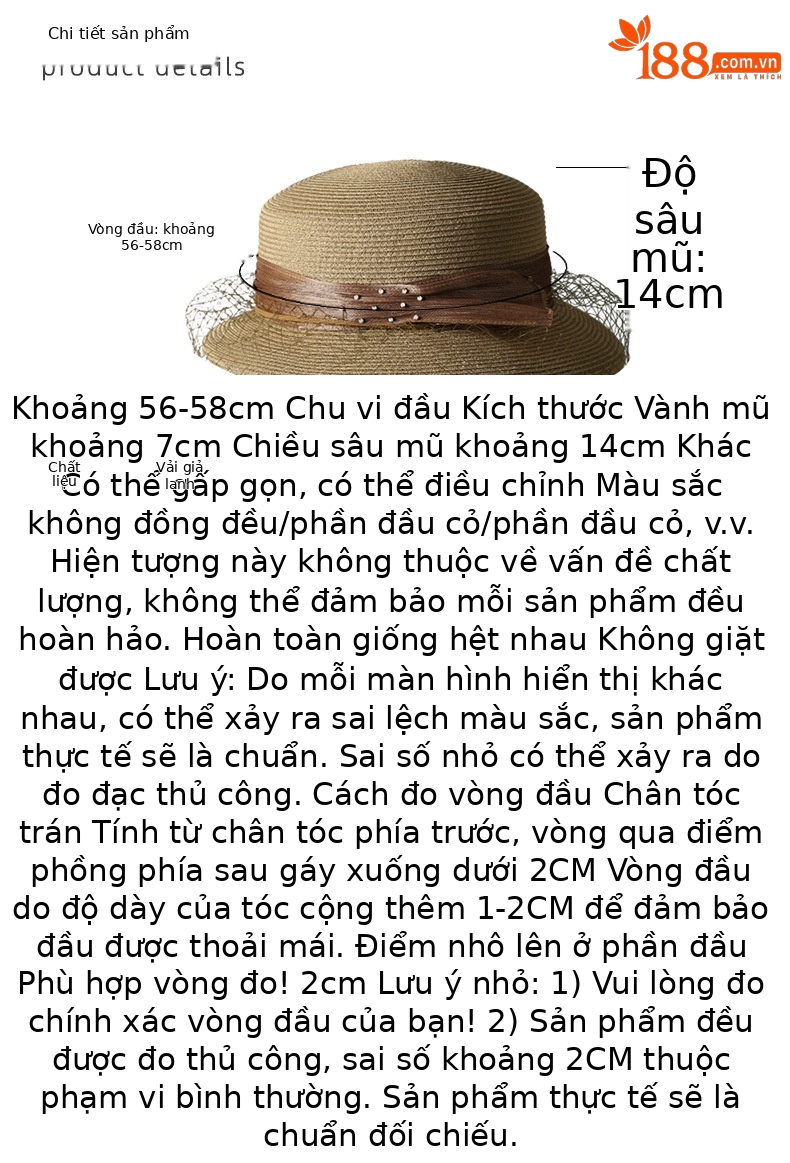 Mũ rộng vành nữ chất liệu lụa pha lanh, có lưới che mặt tháo rời, nơ đính ngọc trai, chống nắng — Màu be chi tiết 5