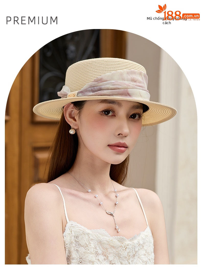 Mũ cói vành phẳng nữ thời trang mùa hè chống nắng đa năng — Màu be chi tiết 1