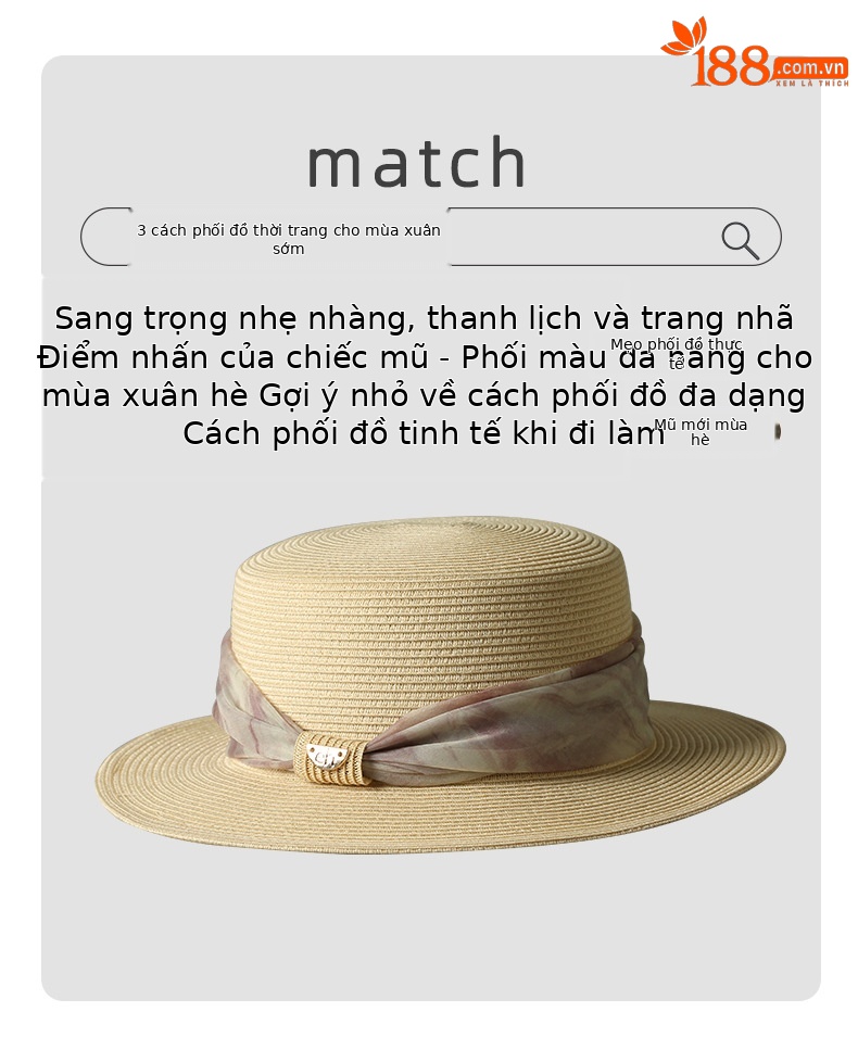 Mũ cói vành phẳng nữ thời trang mùa hè chống nắng đa năng — Màu be chi tiết 2