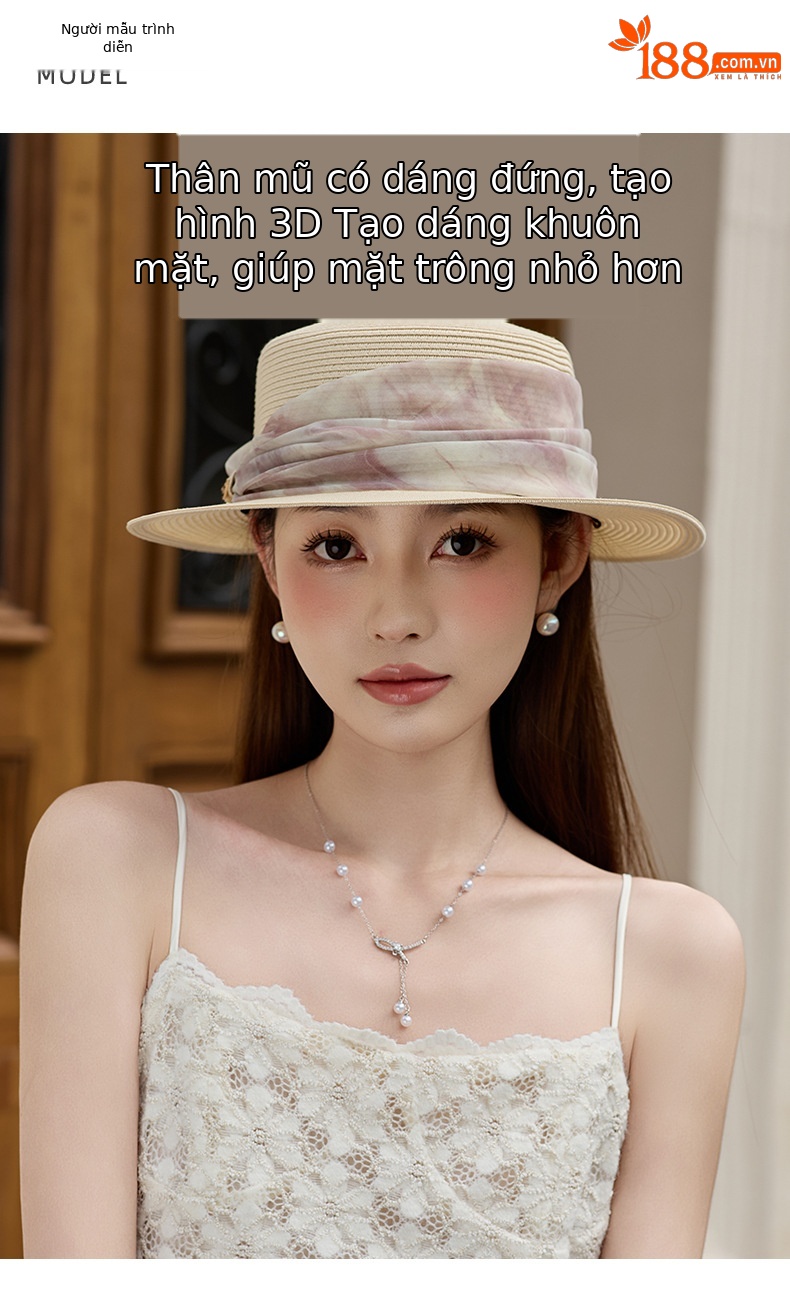 Mũ cói vành phẳng nữ thời trang mùa hè chống nắng đa năng — Màu be chi tiết 6