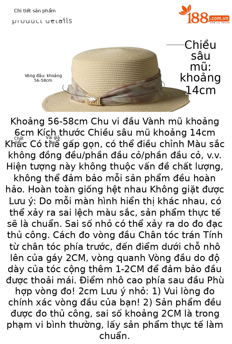 Mũ cói vành phẳng nữ thời trang mùa hè chống nắng đa năng — Màu be chi tiết 5