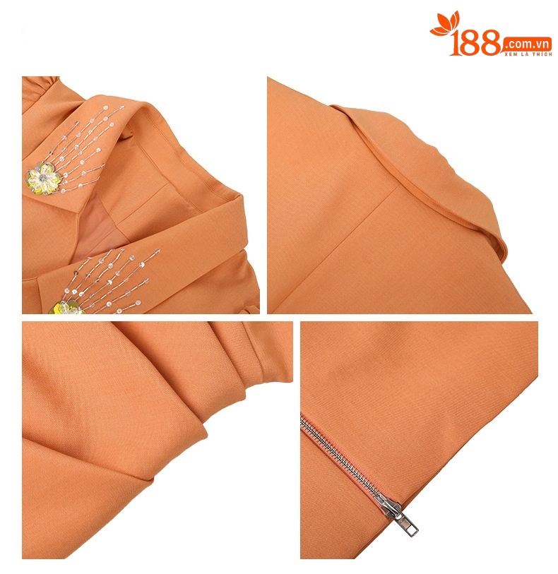 Đầm suông nữ midi cổ vest thiết kế nếp gấp tạo eo, túi hông — Màu cam chi tiết 1