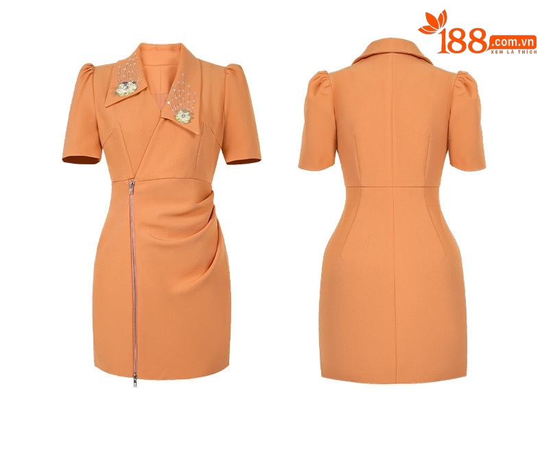 Đầm suông nữ midi cổ vest thiết kế nếp gấp tạo eo, túi hông — Màu cam chi tiết 2