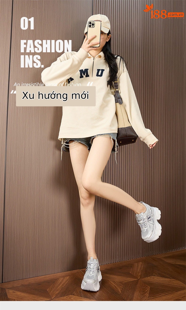 Giày sneaker nữ chunky đế dày lưới thoáng khí mùa hè — Trắng, Xám chi tiết 2