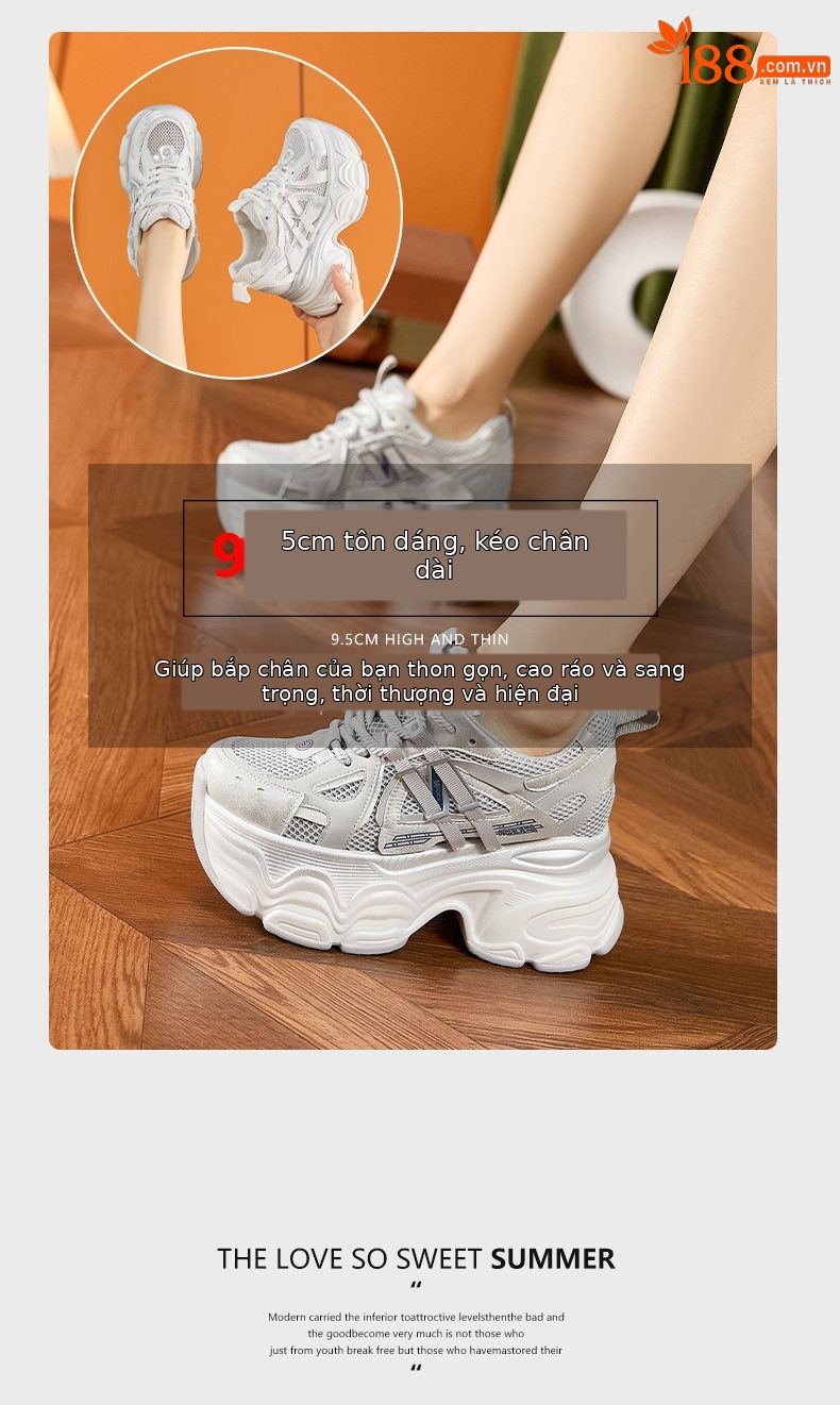 Giày sneaker nữ chunky đế dày lưới thoáng khí mùa hè — Trắng, Xám chi tiết 9