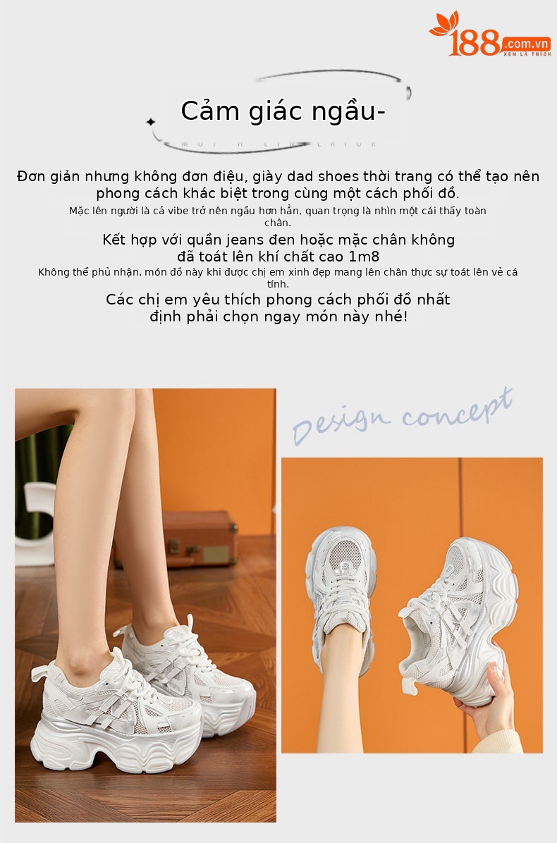 Giày sneaker nữ chunky đế dày lưới thoáng khí mùa hè — Trắng, Xám chi tiết 4