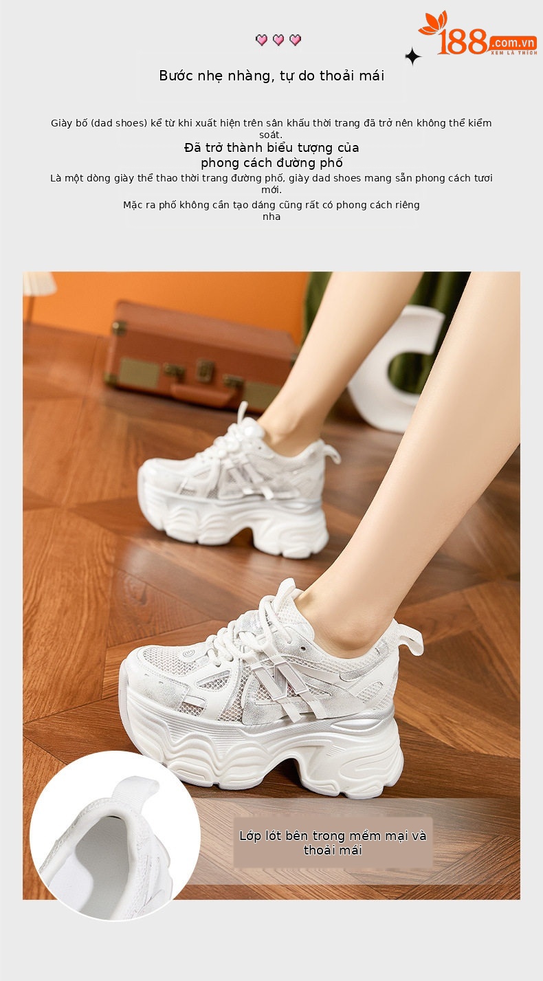 Giày sneaker nữ chunky đế dày lưới thoáng khí mùa hè — Trắng, Xám chi tiết 5
