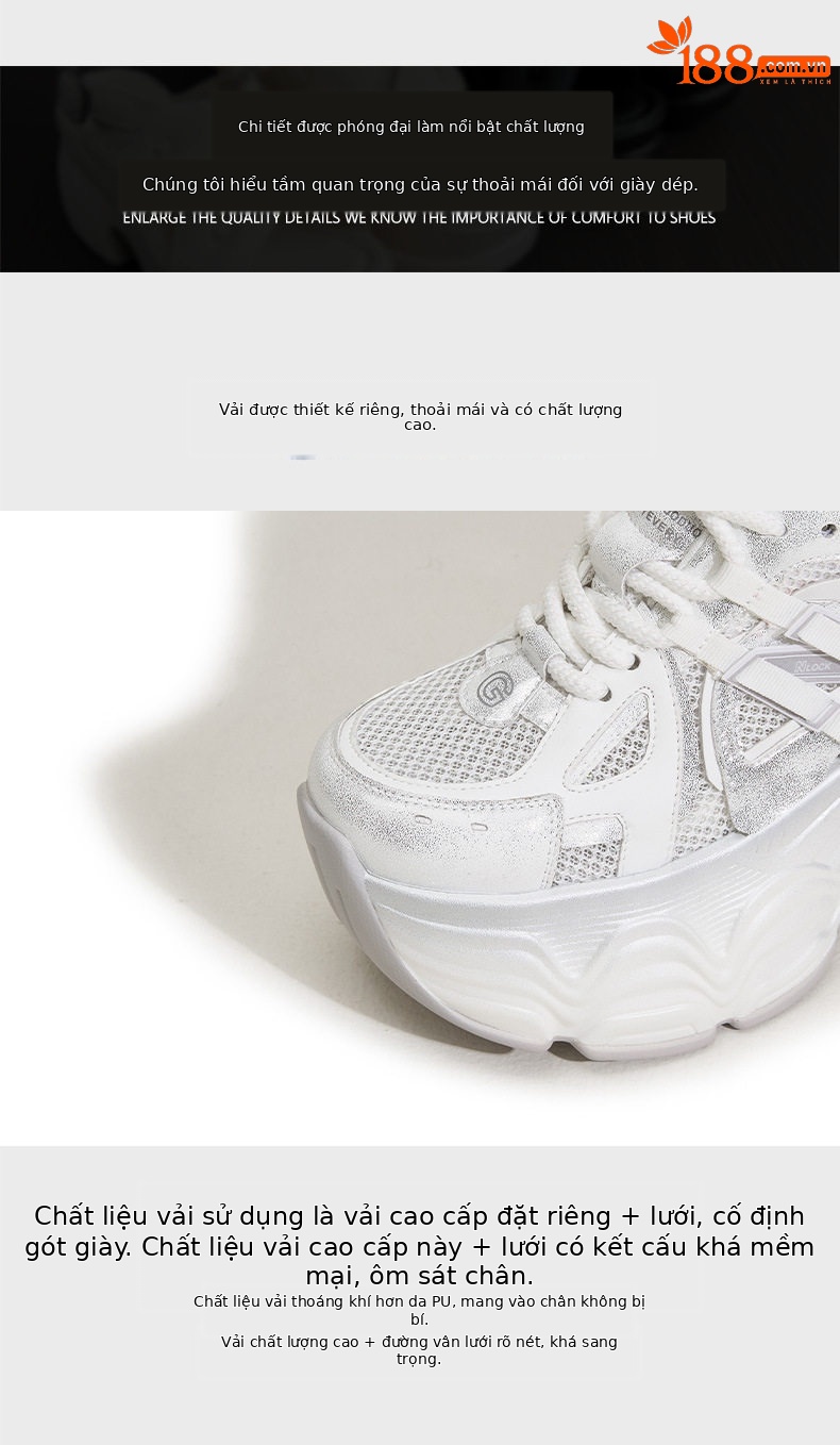 Giày sneaker nữ chunky đế dày lưới thoáng khí mùa hè — Trắng, Xám chi tiết 6