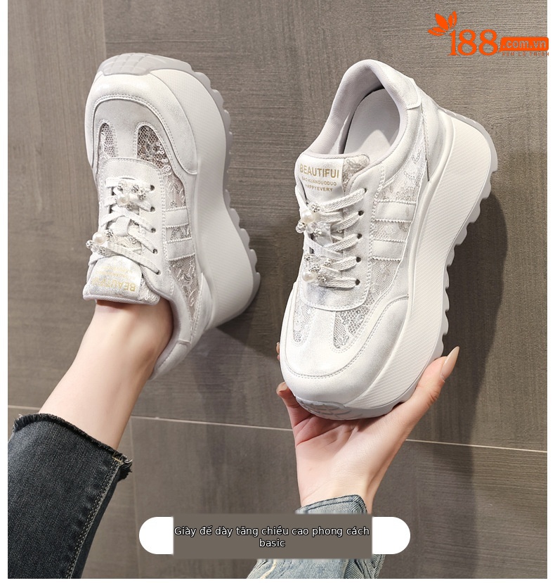 Giày sneaker nữ chunky đế dày lưới thoáng khí tăng chiều cao phong cách cổ điển — màu be chi tiết 1