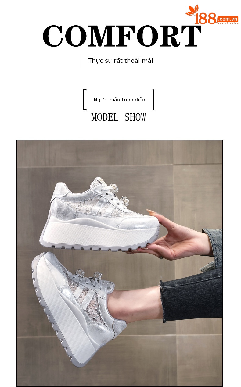 Giày sneaker nữ chunky đế dày lưới thoáng khí tăng chiều cao phong cách cổ điển — màu be chi tiết 11